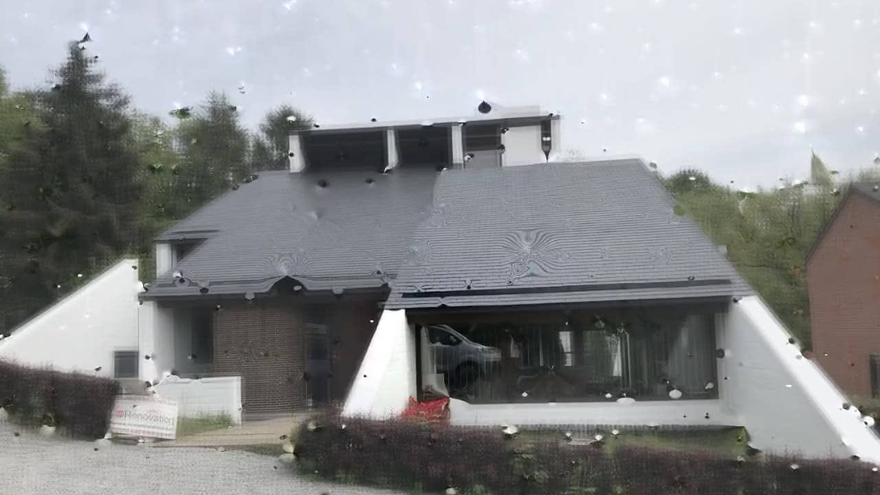 Maison à toiture en ardoises rénovée par Charles L. Rénovation à Tournai, vue sous la pluie